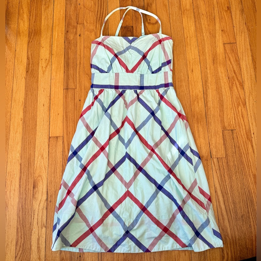 Vintage rare Anthropologie Tulle plaid dress in aqua blue and red size L